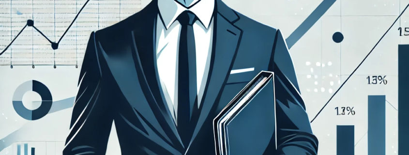 A-vector-illustration-of-a-business-professional-in-a-sharp-suit-holding-a-folder-and-standing-confidently-in-front-of-a-background-with-upward-trend